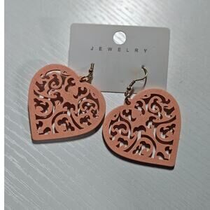 JEWELRY Romantic Pink Filigree Cut-Out Heart-Shaped Wood Dangle Earrings